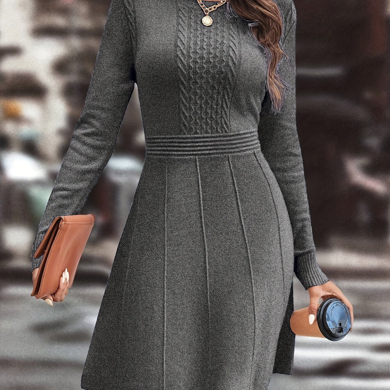 Women's Autumn Winter Date Party Casual Fashion Vacation Temperament Daily Commute Versatile Simple Solid Color Round Neck Mature Intellectual Slim A-Line Gentle Elegant Knit Dress
