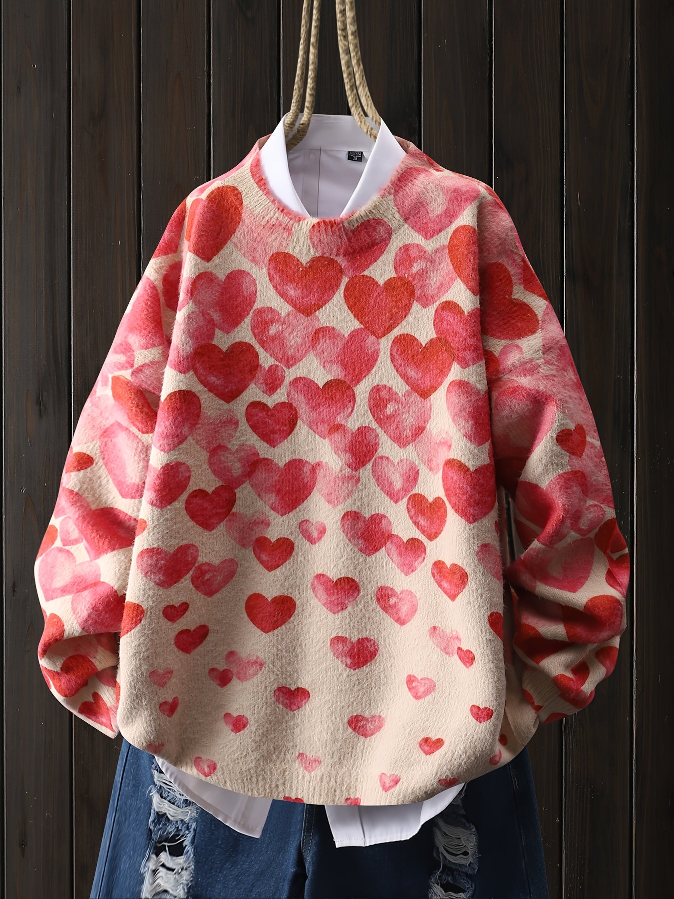 Red Heart Pattern Pullover, Casual Round Neck Long Sleeve Top for Women
