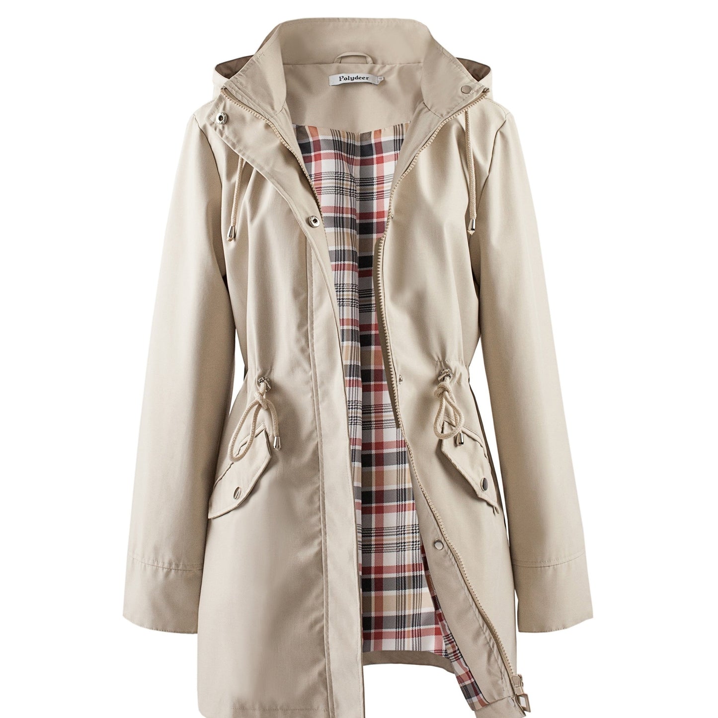Women's Beige Hooded Zip-Up Trench Coat with Drawstring Waist & Multiple Pockets - Casual Long Sleeve Jacket for Fall & Winter, Machine Washable