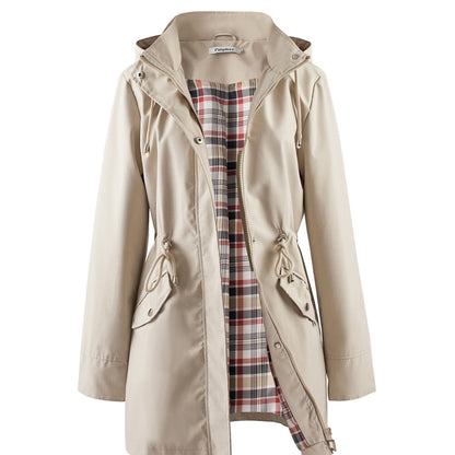 Women's Beige Hooded Zip-Up Trench Coat with Drawstring Waist & Multiple Pockets - Casual Long Sleeve Jacket for Fall & Winter, Machine Washable