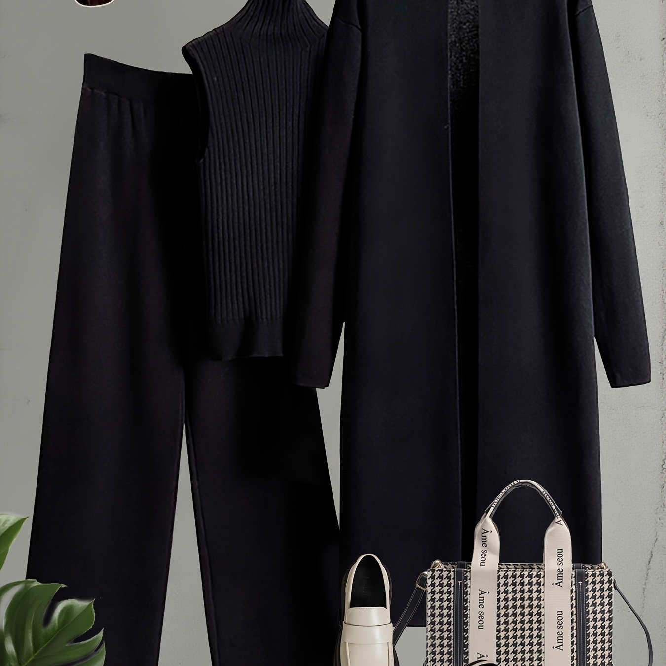 Autumn and Winter Women's Outfit, Solid Color Sweater Three-Piece Set, Cardigan Jacket Ensemble, Casual Elegant Ladies' Suit, Korean Style Top and Bottom Set, Fabric Wide-Leg Pants Set, Fabric Vest Set, Commuter Style Outfit,