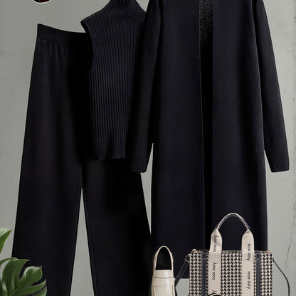 Autumn and Winter Women's Outfit, Solid Color Sweater Three-Piece Set, Cardigan Jacket Ensemble, Casual Elegant Ladies' Suit, Korean Style Top and Bottom Set, Fabric Wide-Leg Pants Set, Fabric Vest Set, Commuter Style Outfit,