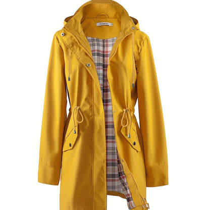 Women's Beige Hooded Zip-Up Trench Coat with Drawstring Waist & Multiple Pockets - Casual Long Sleeve Jacket for Fall & Winter, Machine Washable