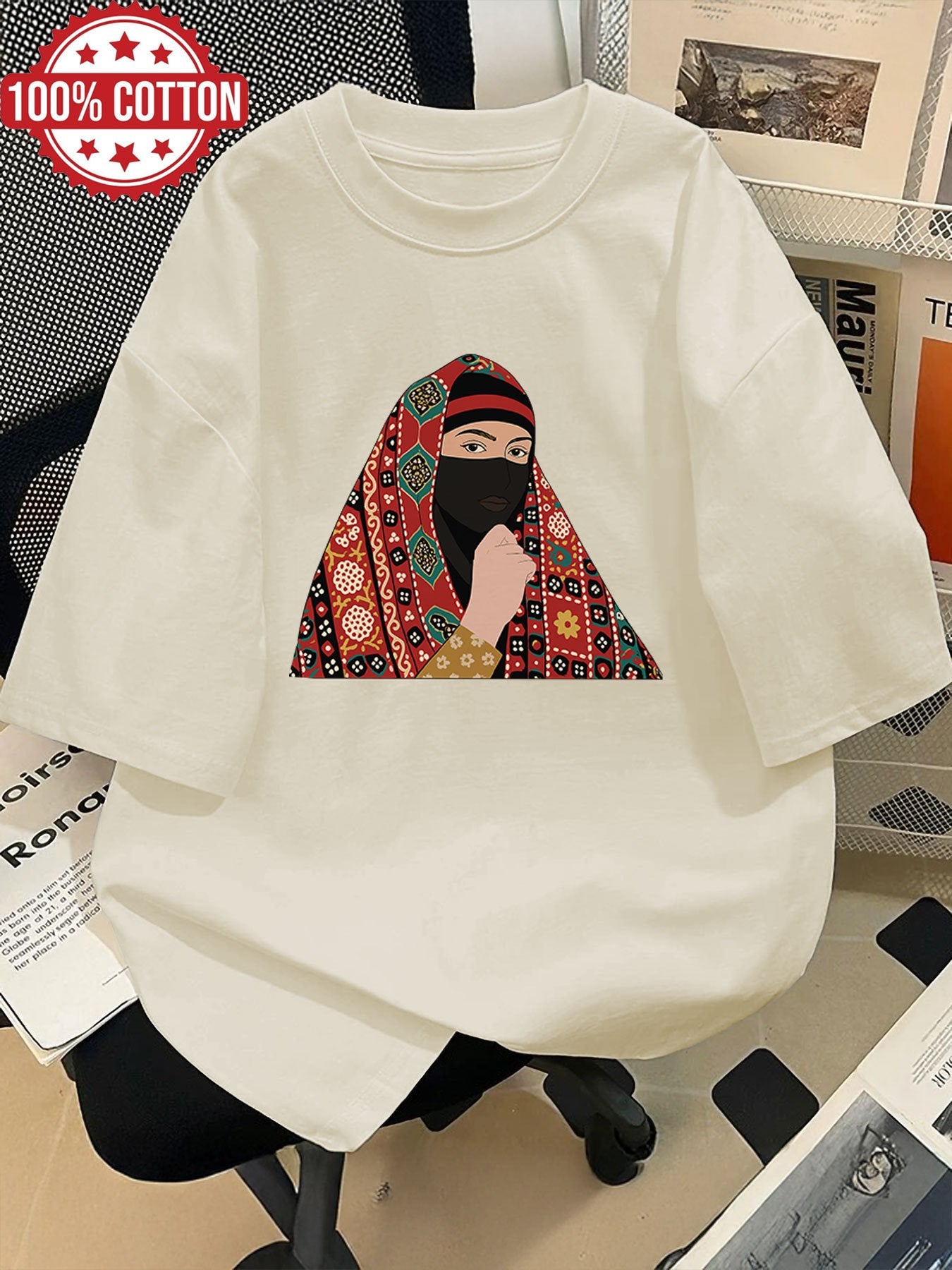 Women'S Casual Crew Neck T-Shirt, Short Sleeve, Regular Length, Alphabet Pattern, with Headscarf and Floral Print Design, for Spring/Summer