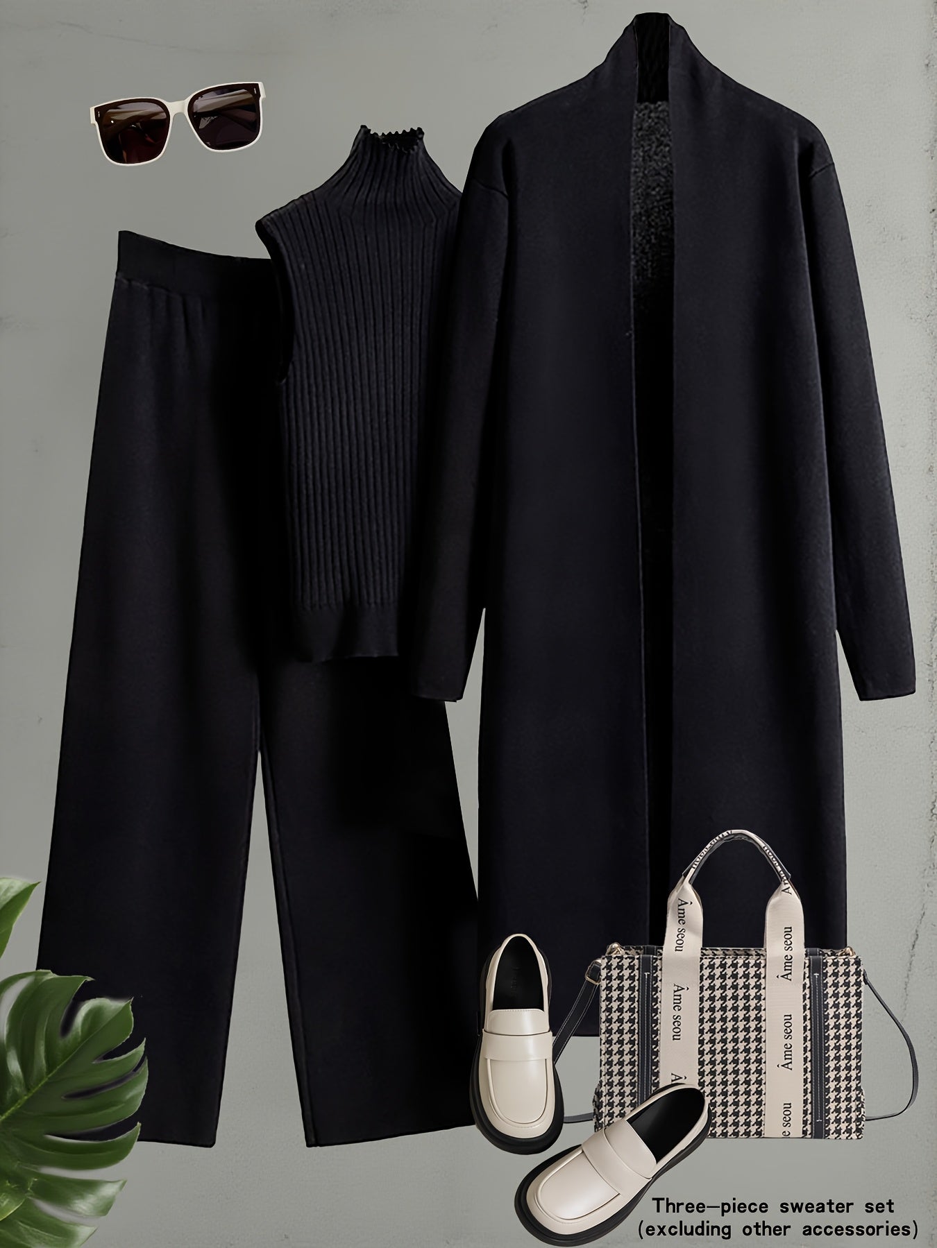 Autumn and Winter Women's Outfit, Solid Color Sweater Three-Piece Set, Cardigan Jacket Ensemble, Casual Elegant Ladies' Suit, Korean Style Top and Bottom Set, Fabric Wide-Leg Pants Set, Fabric Vest Set, Commuter Style Outfit,