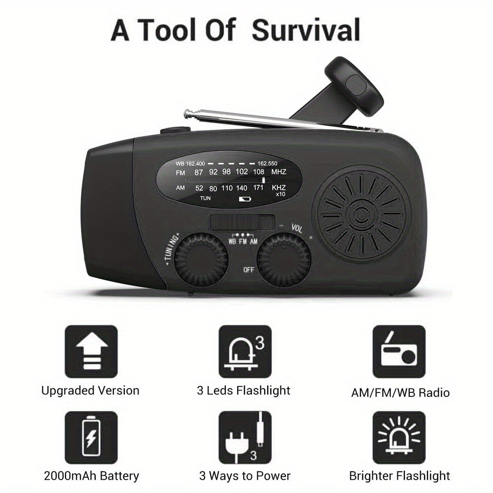 Emergency Hand Crank Radio with LED Flashlight - AM/FM NOAA Weather Alerts, USB & Solar Powered Portable Emergency Radio for Camping, Home, Outdoor (Black), Solar Powered Radio, Camping Essentials, Sturdy Construction, Highqu