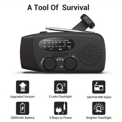 Emergency Hand Crank Radio with LED Flashlight - AM/FM NOAA Weather Alerts, USB & Solar Powered Portable Emergency Radio for Camping, Home, Outdoor (Black), Solar Powered Radio, Camping Essentials, Sturdy Construction, Highqu