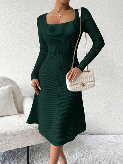 Women'S Elegant Square Neck Ribbed Dress - Soft Stretchy Bodycon Midi Dress for Fall Winter, Solid Color Non-Itchy Warm Comfortable Office & Casual Wear, Cozy Indoor Attire, Soft Texture Apparel