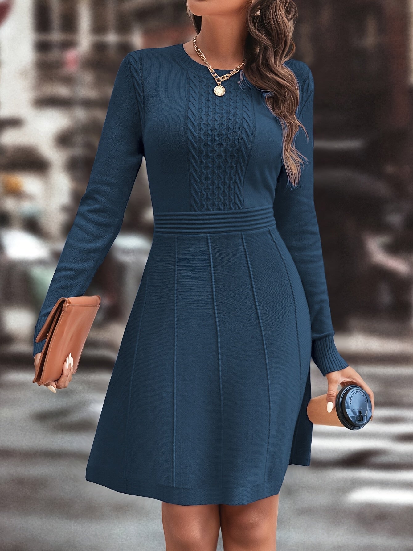 Women's Autumn Winter Date Party Casual Fashion Vacation Temperament Daily Commute Versatile Simple Solid Color Round Neck Mature Intellectual Slim A-Line Gentle Elegant Knit Dress