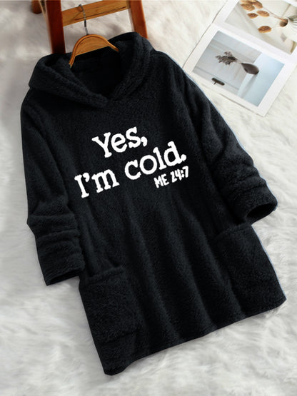 Women's "Yes I'm Cold" Printed Teddy Bear Hooded Sweatshirt - 100% Polyester Relaxed Fit Long Sleeve Pullover with Double Pockets, Cozy Fleece-Lined Casual Winter Top for Fall & Winter