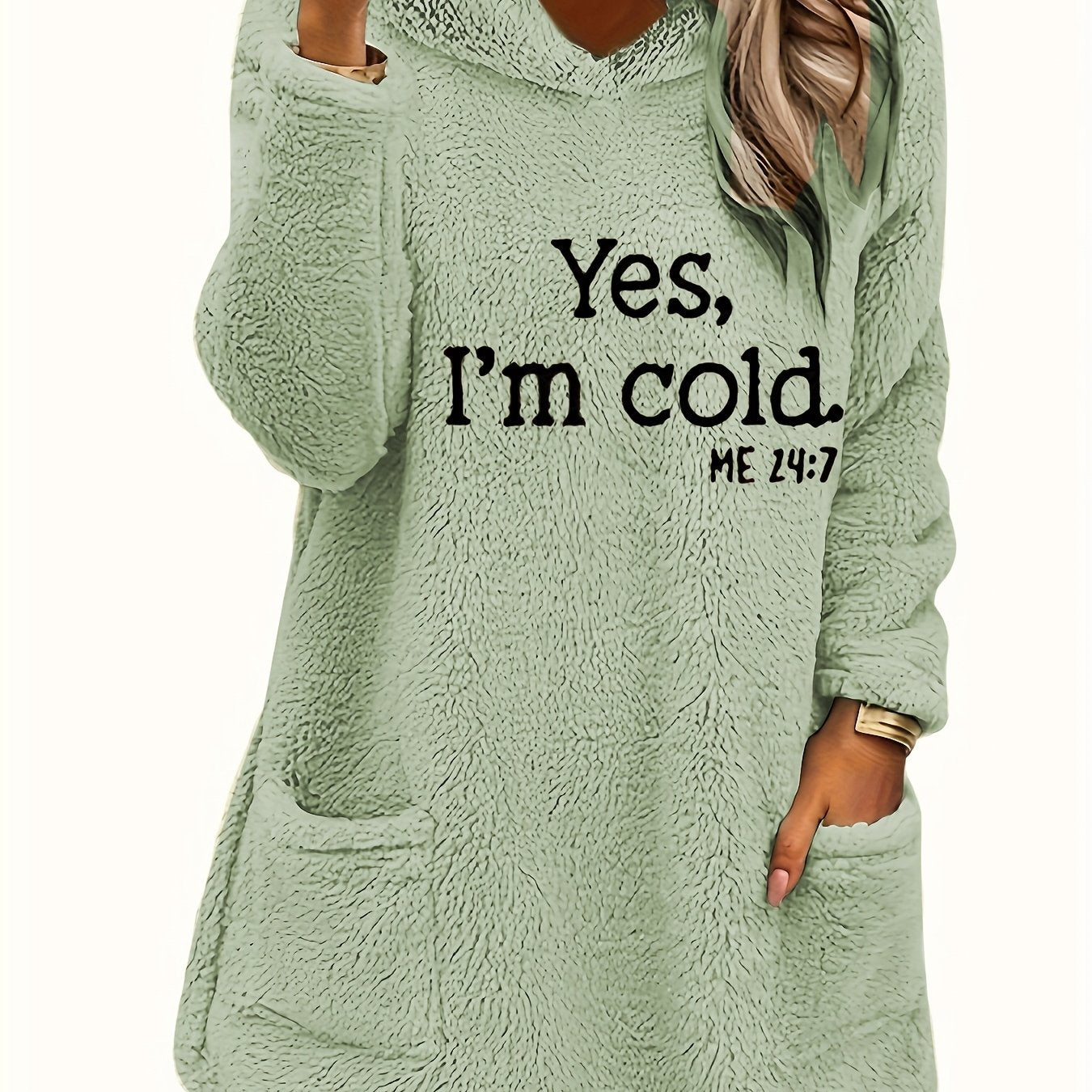Women's "Yes I'm Cold" Printed Teddy Bear Hooded Sweatshirt - 100% Polyester Relaxed Fit Long Sleeve Pullover with Double Pockets, Cozy Fleece-Lined Casual Winter Top for Fall & Winter