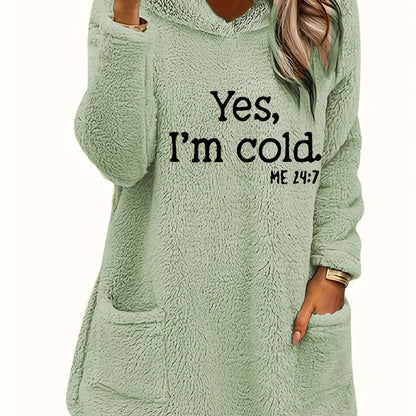 Women's "Yes I'm Cold" Printed Teddy Bear Hooded Sweatshirt - 100% Polyester Relaxed Fit Long Sleeve Pullover with Double Pockets, Cozy Fleece-Lined Casual Winter Top for Fall & Winter