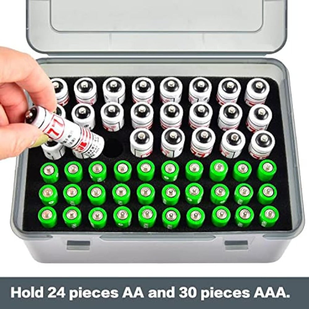 Compact Battery Organizer Box Holds 54 AA & AAA Batteries, Durable PC Material, Transparent Design with Foam Groove for Easy Storage, Perfect for Home & Garage Organization (Batteries Not Included)