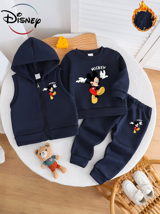 Disney Boys' Autumn/Winter New Three-Piece Set with Mickey Mouse Classic Cartoon Print Long-Sleeve Round Neck Hoodie and Zip-Up Sleeveless Top, Matching Printed Sweatpants - Fleece-Lined Thickened Warm Comfortable Outfit for