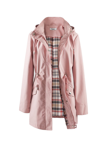 Women's Beige Hooded Zip-Up Trench Coat with Drawstring Waist & Multiple Pockets - Casual Long Sleeve Jacket for Fall & Winter, Machine Washable