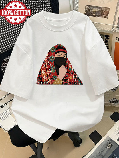 Women'S Casual Crew Neck T-Shirt, Short Sleeve, Regular Length, Alphabet Pattern, with Headscarf and Floral Print Design, for Spring/Summer