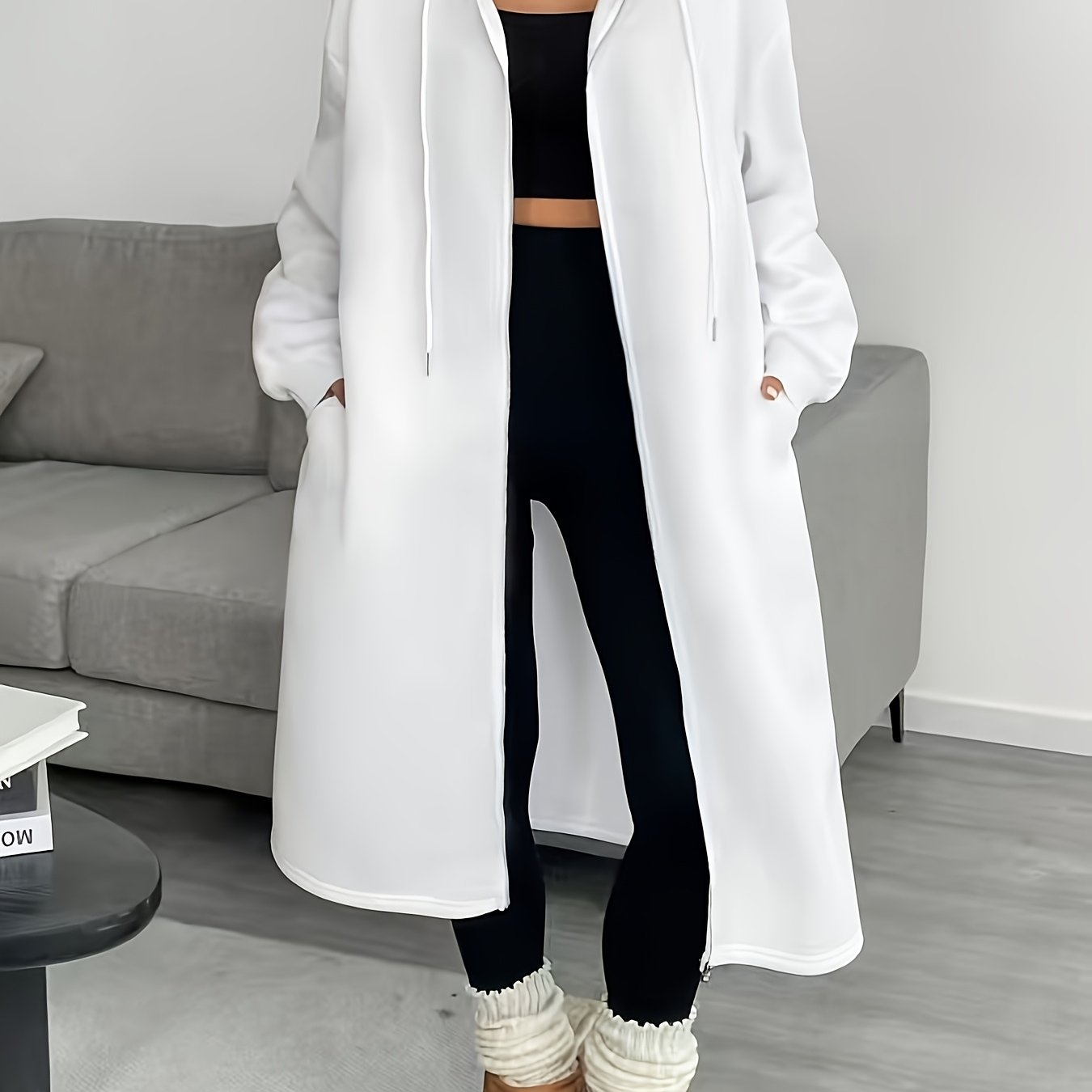 Women'S Elegant Color-Block Hooded Zip-Up Coat - White & Black, Long Sleeve, Button-Up Front, Perfect for Fall/Winter, Casual to Formal Wear, Casual Winter Wear | Stylish Layering Piece | Buttonup Front Coat