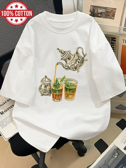 Women'S Casual Short Sleeve Crew Neck T-Shirt with Hand-Painted Teapot & Mint Leaf Illustration - Light Green, Spring/Summer Fashion Top, Casual Wear | Whimsical Design | Fabric