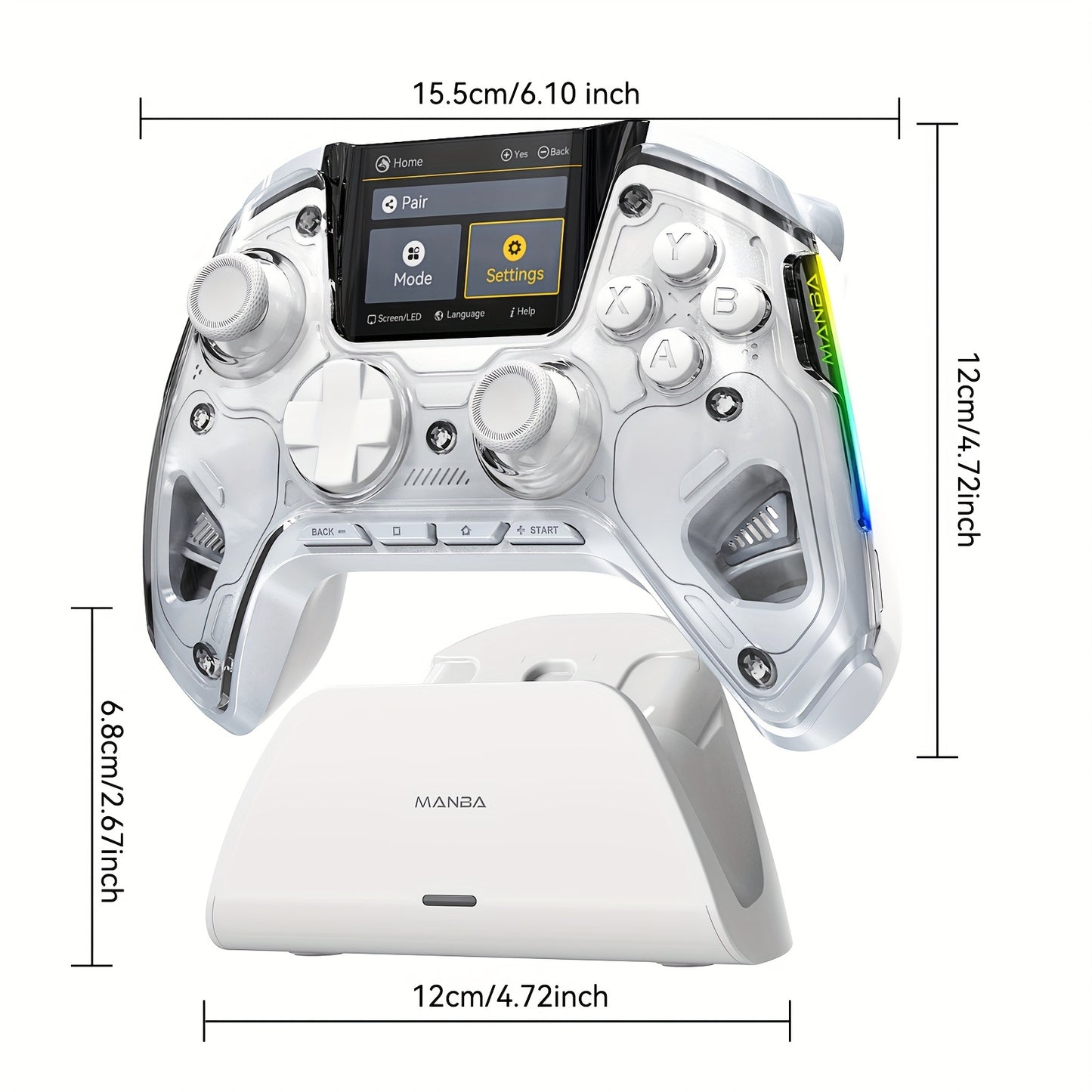 Interactive Screen Wireless Gaming Controller for Ios/Pc/Switch/Android/Steam Deck, Hall Effect Stick & Trigger, RGB Lighting, Remappable Buttons, 1800Mah with Charging Dock -V2/White(No Drift), [Notice]Not Compatible with Xb