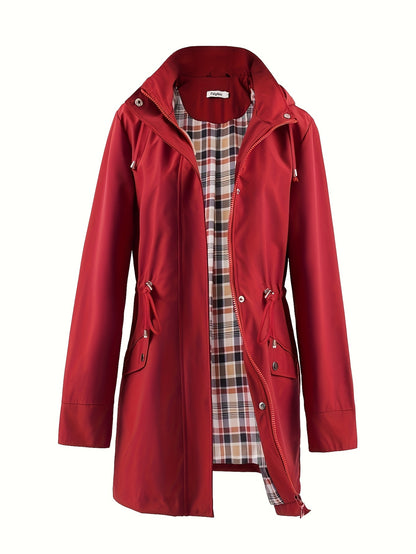 Women's Beige Hooded Zip-Up Trench Coat with Drawstring Waist & Multiple Pockets - Casual Long Sleeve Jacket for Fall & Winter, Machine Washable