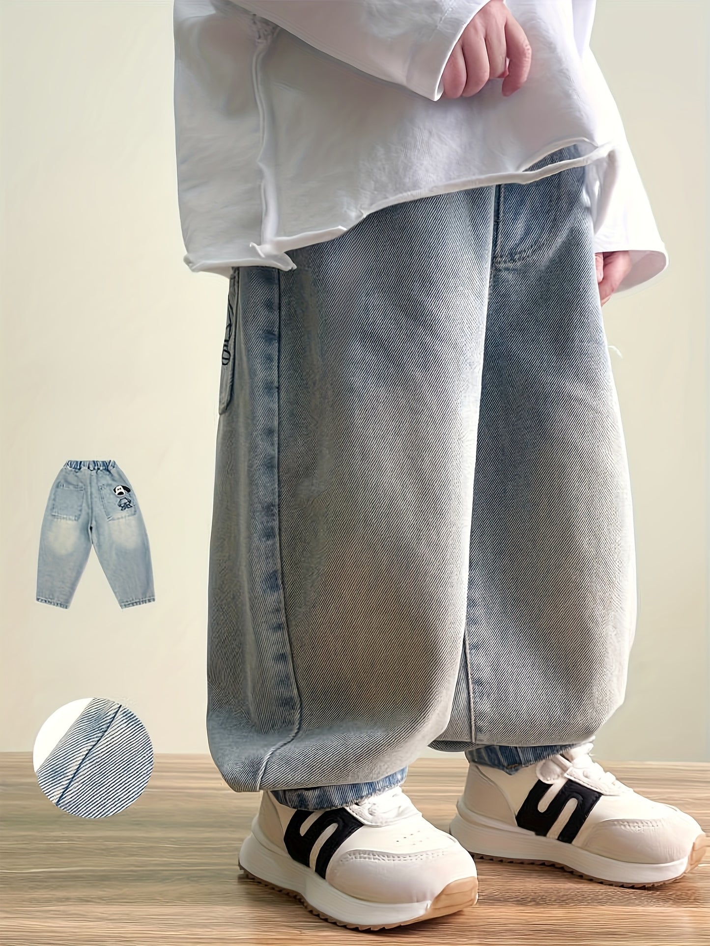 Boys' Faux Denim Pants, Boys' Animal Embroidered Faux Denim, Little Boys' Faux Denim. Boys' Casual Outing Pants, Boys' Fashionable Simple Pants, Cute Style, Comfortable Elastic Waistband, Outdoor Sports, Outdoor Street Trendy