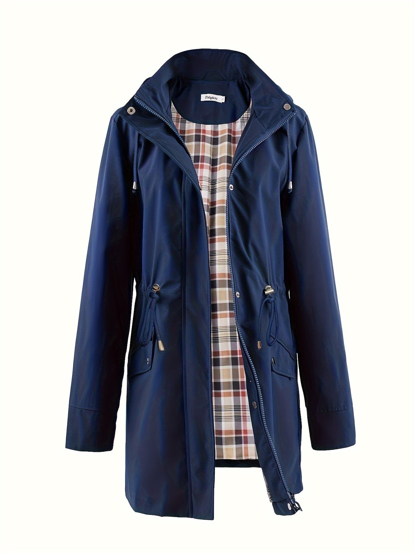 Women's Beige Hooded Zip-Up Trench Coat with Drawstring Waist & Multiple Pockets - Casual Long Sleeve Jacket for Fall & Winter, Machine Washable