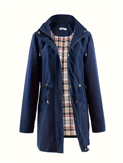 Women's Beige Hooded Zip-Up Trench Coat with Drawstring Waist & Multiple Pockets - Casual Long Sleeve Jacket for Fall & Winter, Machine Washable