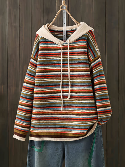 Women'S Colorful Striped Hoodie Sweatshirt - Long Sleeve, Drawstring Hood, Casual Pullover with Frayed Hem, Perfect for Fall/Winter, Sweater Hoodie