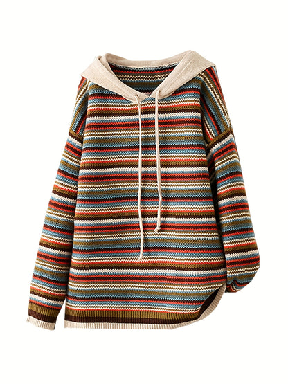 Women'S Colorful Striped Hoodie Sweatshirt - Long Sleeve, Drawstring Hood, Casual Pullover with Frayed Hem, Perfect for Fall/Winter, Sweater Hoodie