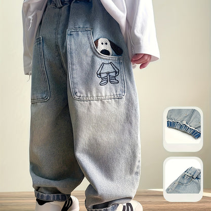 Boys' Faux Denim Pants, Boys' Animal Embroidered Faux Denim, Little Boys' Faux Denim. Boys' Casual Outing Pants, Boys' Fashionable Simple Pants, Cute Style, Comfortable Elastic Waistband, Outdoor Sports, Outdoor Street Trendy