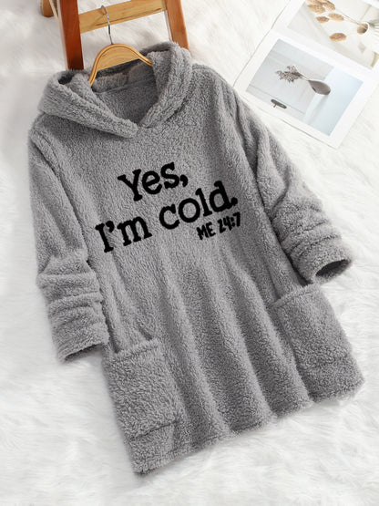 Women's "Yes I'm Cold" Printed Teddy Bear Hooded Sweatshirt - 100% Polyester Relaxed Fit Long Sleeve Pullover with Double Pockets, Cozy Fleece-Lined Casual Winter Top for Fall & Winter