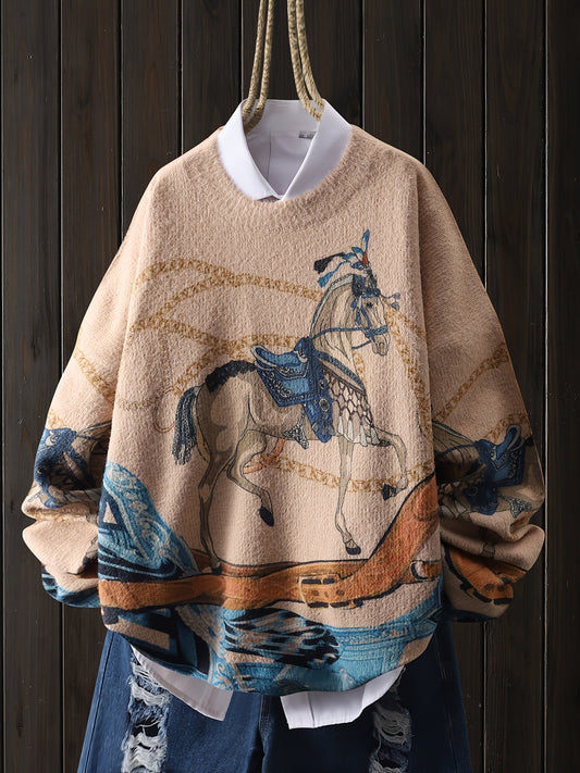Women'S Vintage-Inspired Color Block Sweater with Horse & Floral Design - Loose Fit Long Sleeve Crew Neck Pullover, Beige, Blue, Brown, White, All-Season Casual Top, Allseason Top | Elegant Casualwear | Construction, Sweater