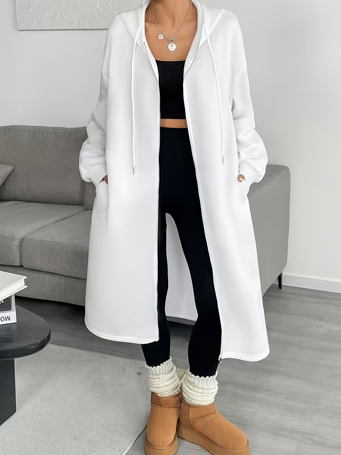 Women'S Elegant Color-Block Hooded Zip-Up Coat - White & Black, Long Sleeve, Button-Up Front, Perfect for Fall/Winter, Casual to Formal Wear, Casual Winter Wear | Stylish Layering Piece | Buttonup Front Coat