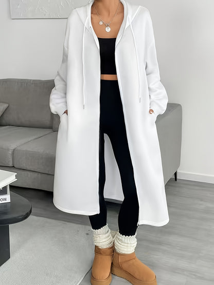 Women'S Elegant Color-Block Hooded Zip-Up Coat - White & Black, Long Sleeve, Button-Up Front, Perfect for Fall/Winter, Casual to Formal Wear, Casual Winter Wear | Stylish Layering Piece | Buttonup Front Coat