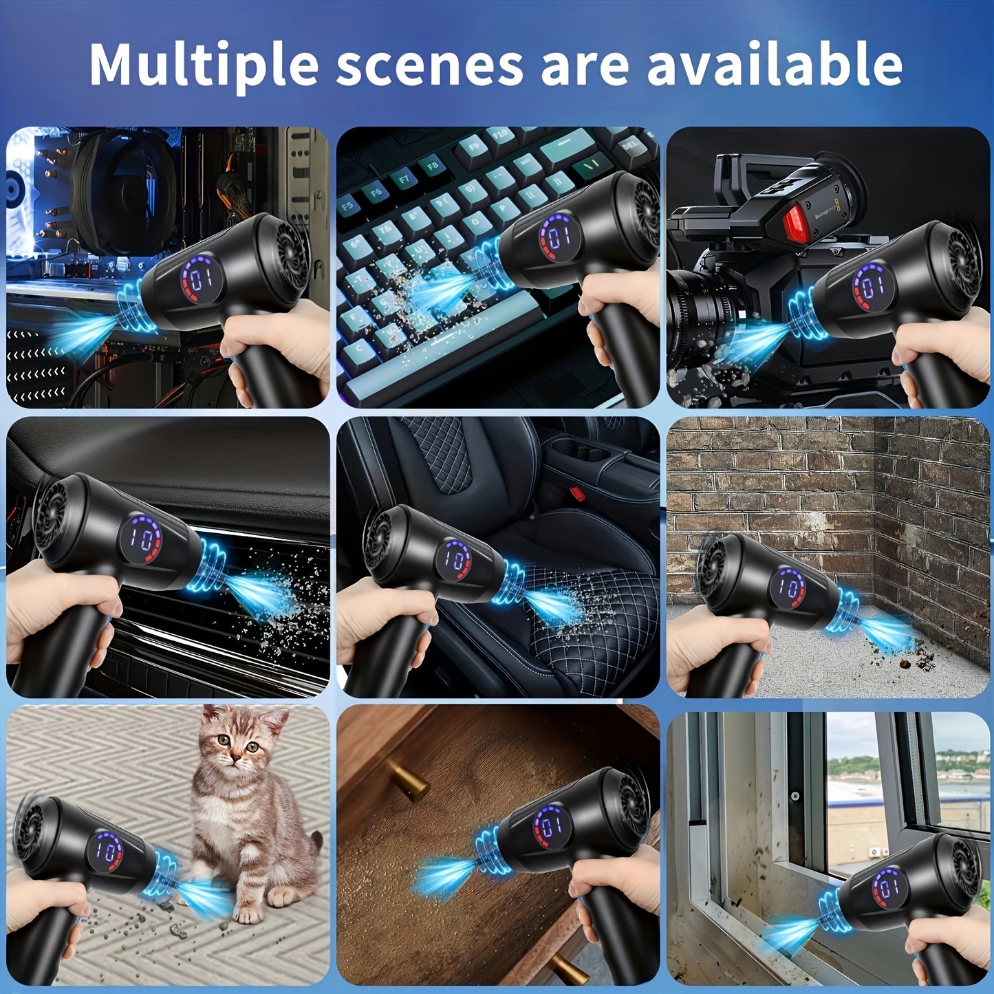 Cordless Electric Air Duster with 51000 RPM High-Power Blower, 4-Speed Adjustable & LCD Display, 3000mAh Fast Charging, 15-45 Min Runtime, USB-Powered Portable Cordless Vacuum Cleaner for Computers, Keyboards, TVs, Gaming Con