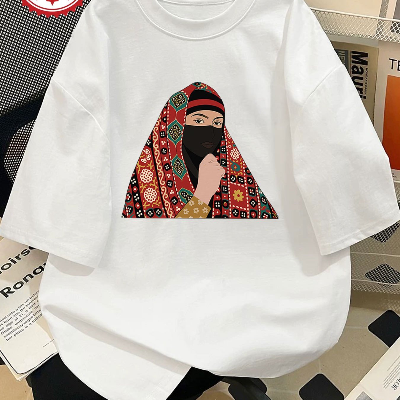 Women'S Casual Crew Neck T-Shirt, Short Sleeve, Regular Length, Alphabet Pattern, with Headscarf and Floral Print Design, for Spring/Summer