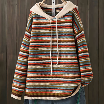 Women'S Colorful Striped Hoodie Sweatshirt - Long Sleeve, Drawstring Hood, Casual Pullover with Frayed Hem, Perfect for Fall/Winter, Sweater Hoodie