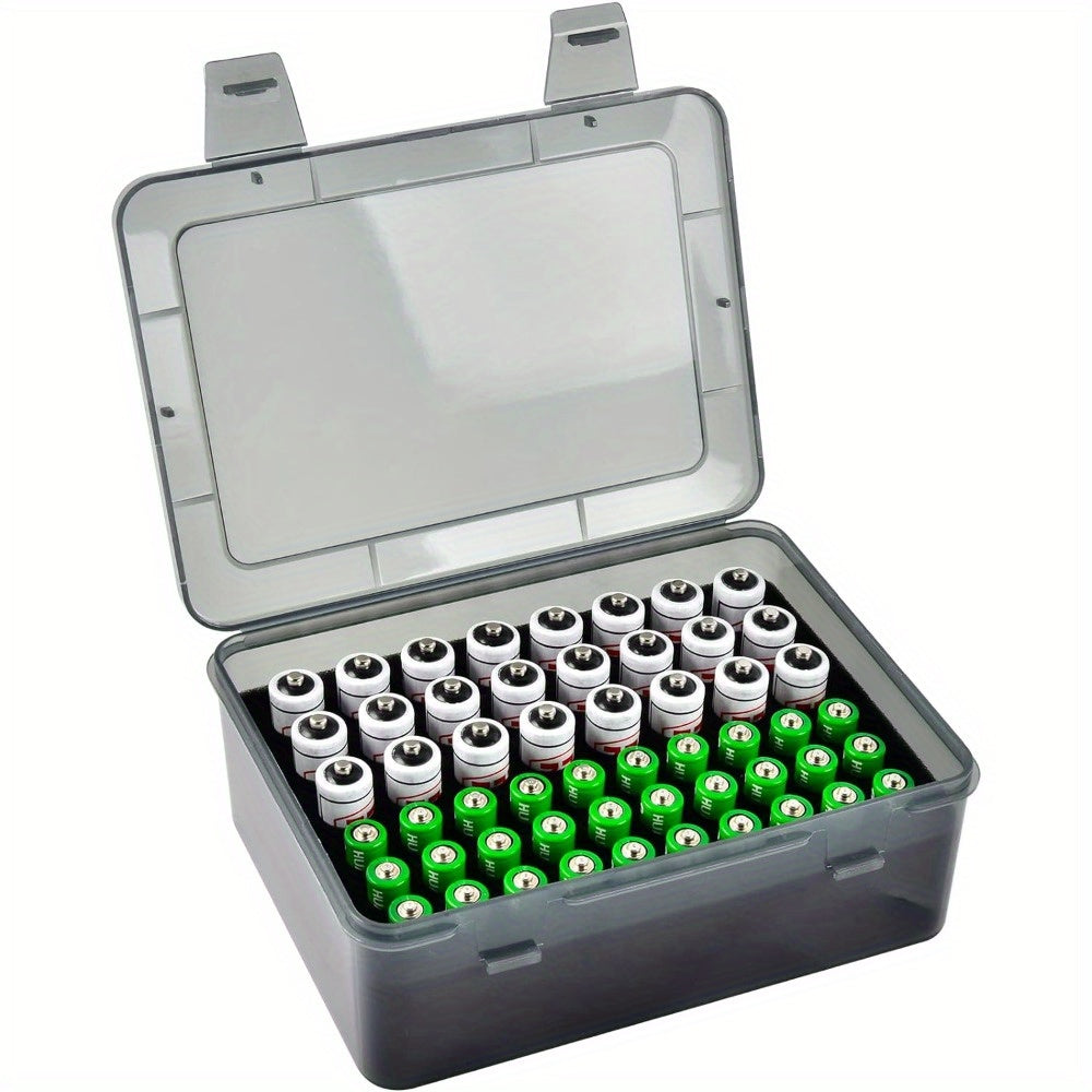 Compact Battery Organizer Box Holds 54 AA & AAA Batteries, Durable PC Material, Transparent Design with Foam Groove for Easy Storage, Perfect for Home & Garage Organization (Batteries Not Included)