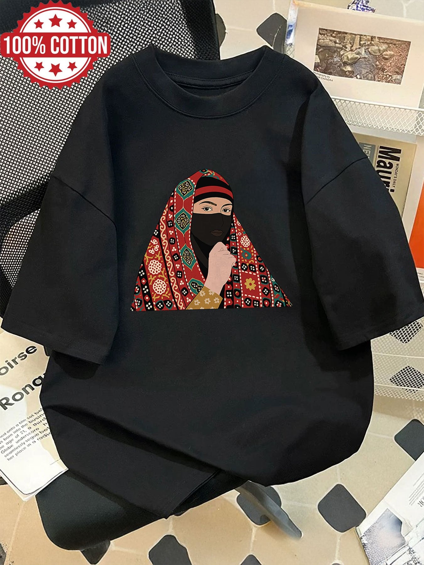 Women'S Casual Crew Neck T-Shirt, Short Sleeve, Regular Length, Alphabet Pattern, with Headscarf and Floral Print Design, for Spring/Summer