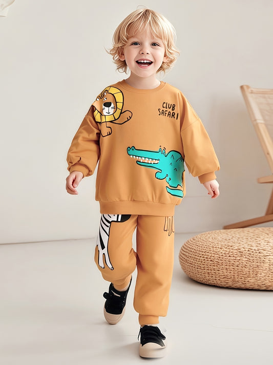 100% cotton autumn and winter 2-7 year old boy two-piece suit, fashionable boy suit, cartoon animal pattern round neck long-sleeved sweatshirt and ribbed hem sweatpants, suitable for daily wear and going out, very suitable fo
