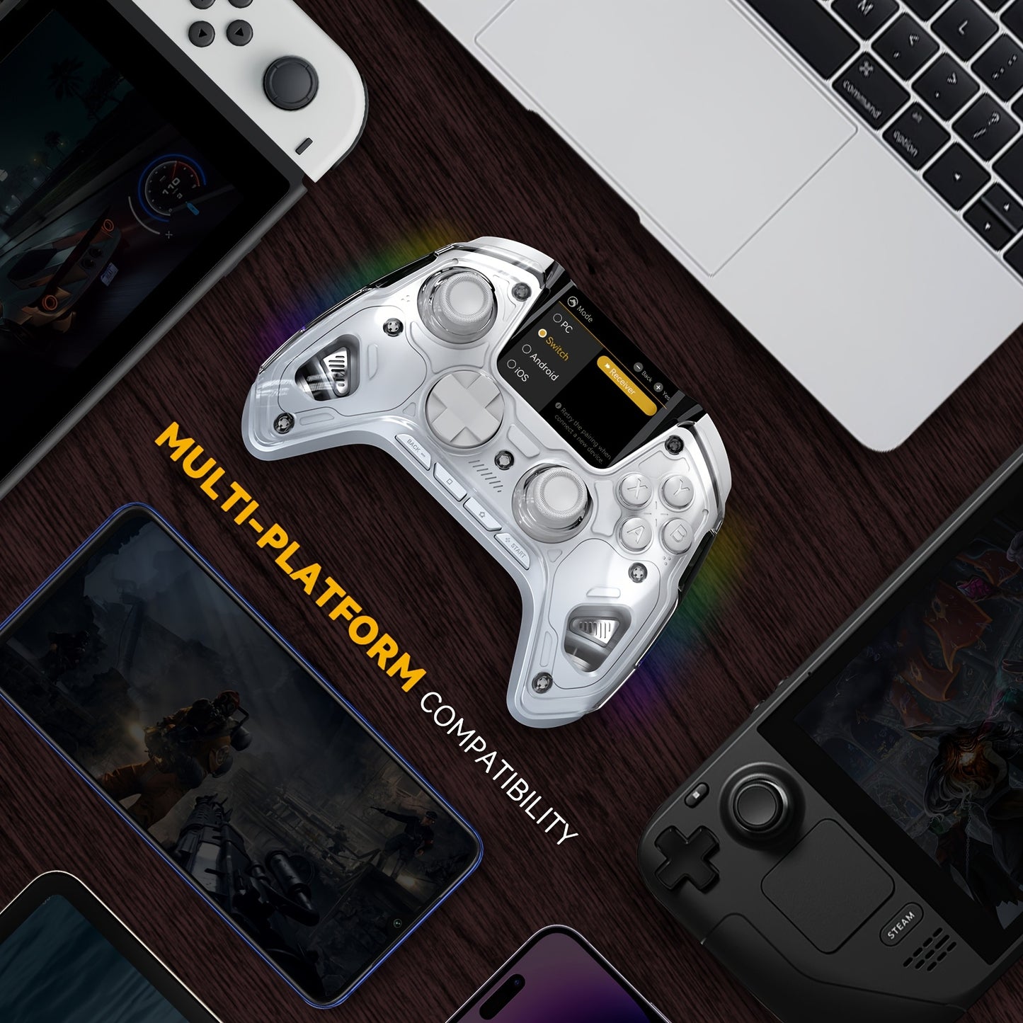 Interactive Screen Wireless Gaming Controller for Ios/Pc/Switch/Android/Steam Deck, Hall Effect Stick & Trigger, RGB Lighting, Remappable Buttons, 1800Mah with Charging Dock -V2/White(No Drift), [Notice]Not Compatible with Xb