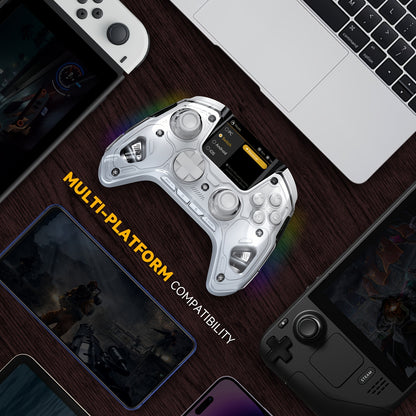 Interactive Screen Wireless Gaming Controller for Ios/Pc/Switch/Android/Steam Deck, Hall Effect Stick & Trigger, RGB Lighting, Remappable Buttons, 1800Mah with Charging Dock -V2/White(No Drift), [Notice]Not Compatible with Xb