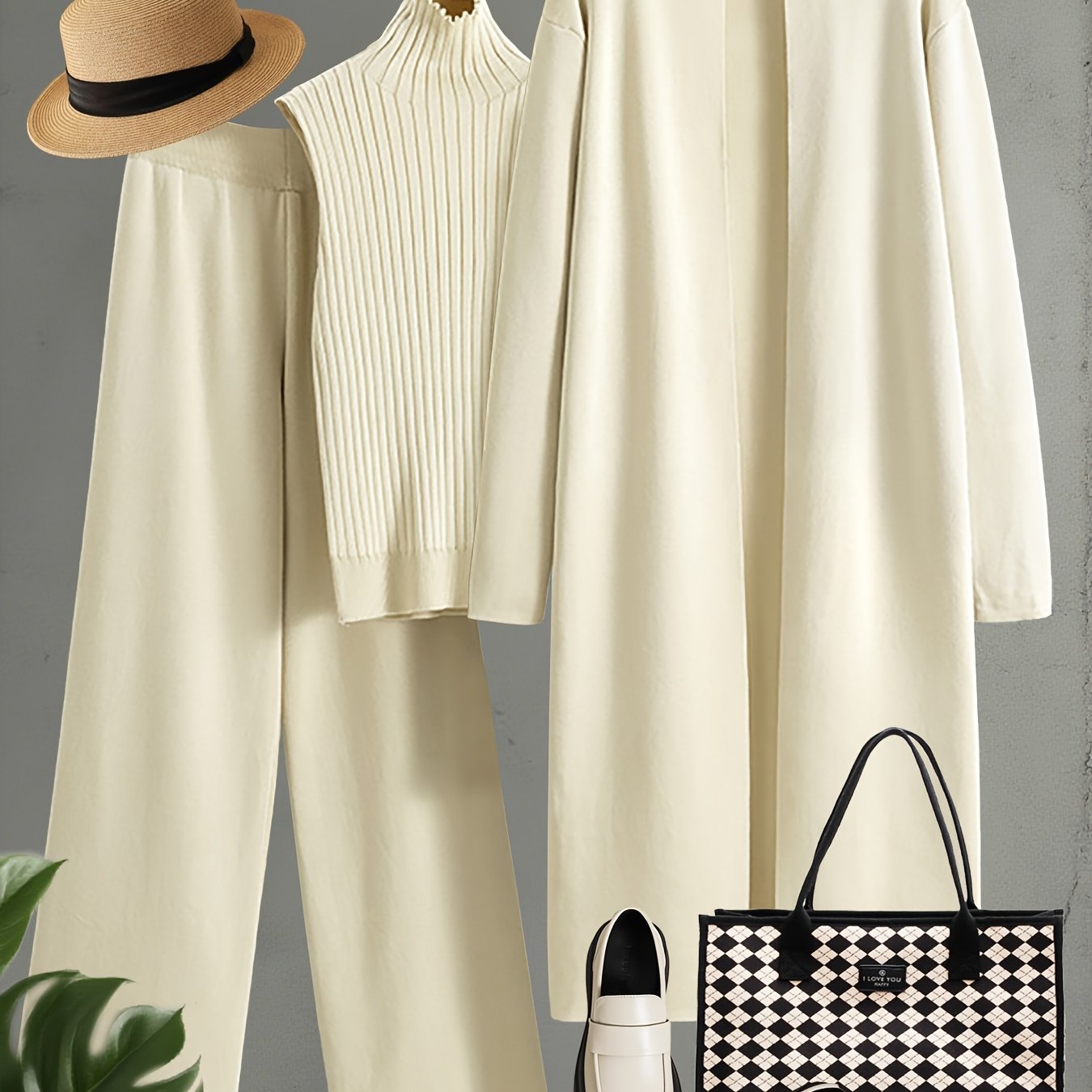 Autumn and Winter Women's Outfit, Solid Color Sweater Three-Piece Set, Cardigan Jacket Ensemble, Casual Elegant Ladies' Suit, Korean Style Top and Bottom Set, Fabric Wide-Leg Pants Set, Fabric Vest Set, Commuter Style Outfit,