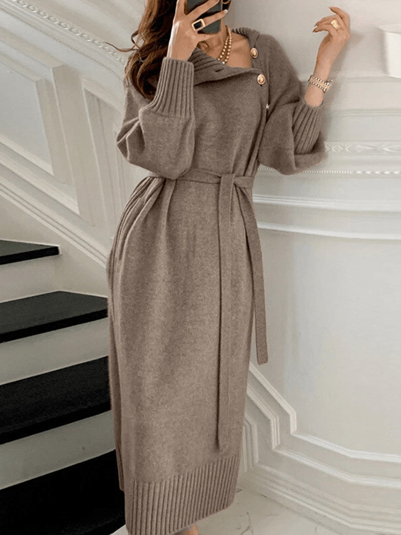 Women'S Elegant Asymmetrical Neckline Sweater Dress - Button-Front Long Sleeve Solid Color Dress for Spring & Fall, Versatile Casual to Formal Wear, Comfortable & Durable, Women Dress Autumn, Women Sweater Dress, Women Dress