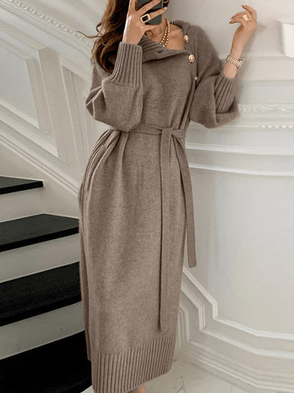 Women'S Elegant Asymmetrical Neckline Sweater Dress - Button-Front Long Sleeve Solid Color Dress for Spring & Fall, Versatile Casual to Formal Wear, Comfortable & Durable, Women Dress Autumn, Women Sweater Dress, Women Dress